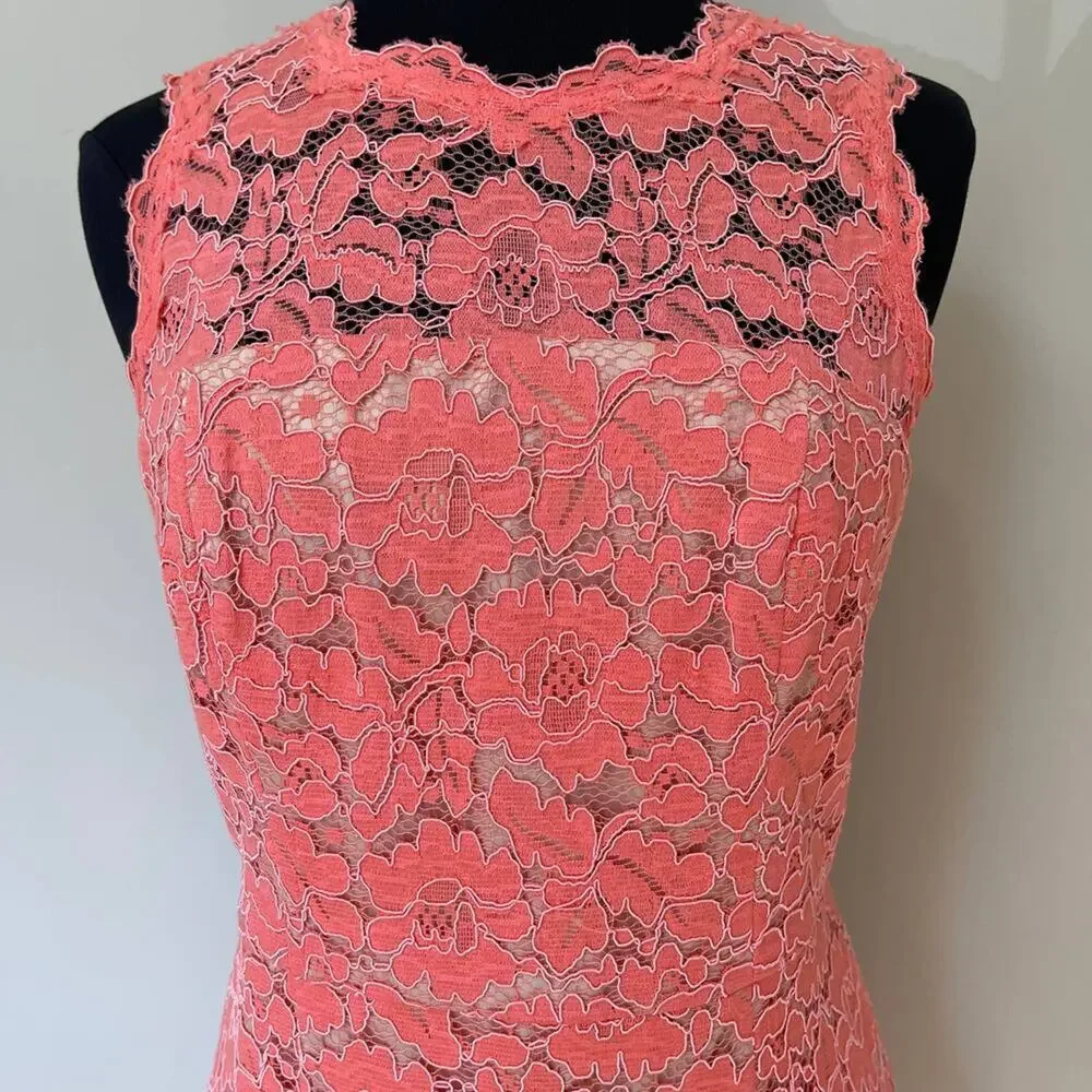 VINCE CAMUTO Pink Salmon Lace Overlay Sheath Dress Floral Sleeveless Size 10 - Picture 3 of 15